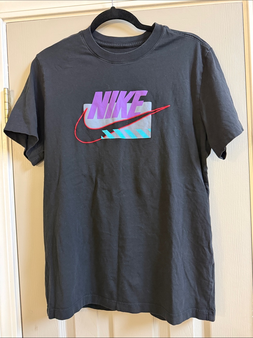 Nike Black Short‑Sleeve Tee with Purple Logo and Red Swoosh